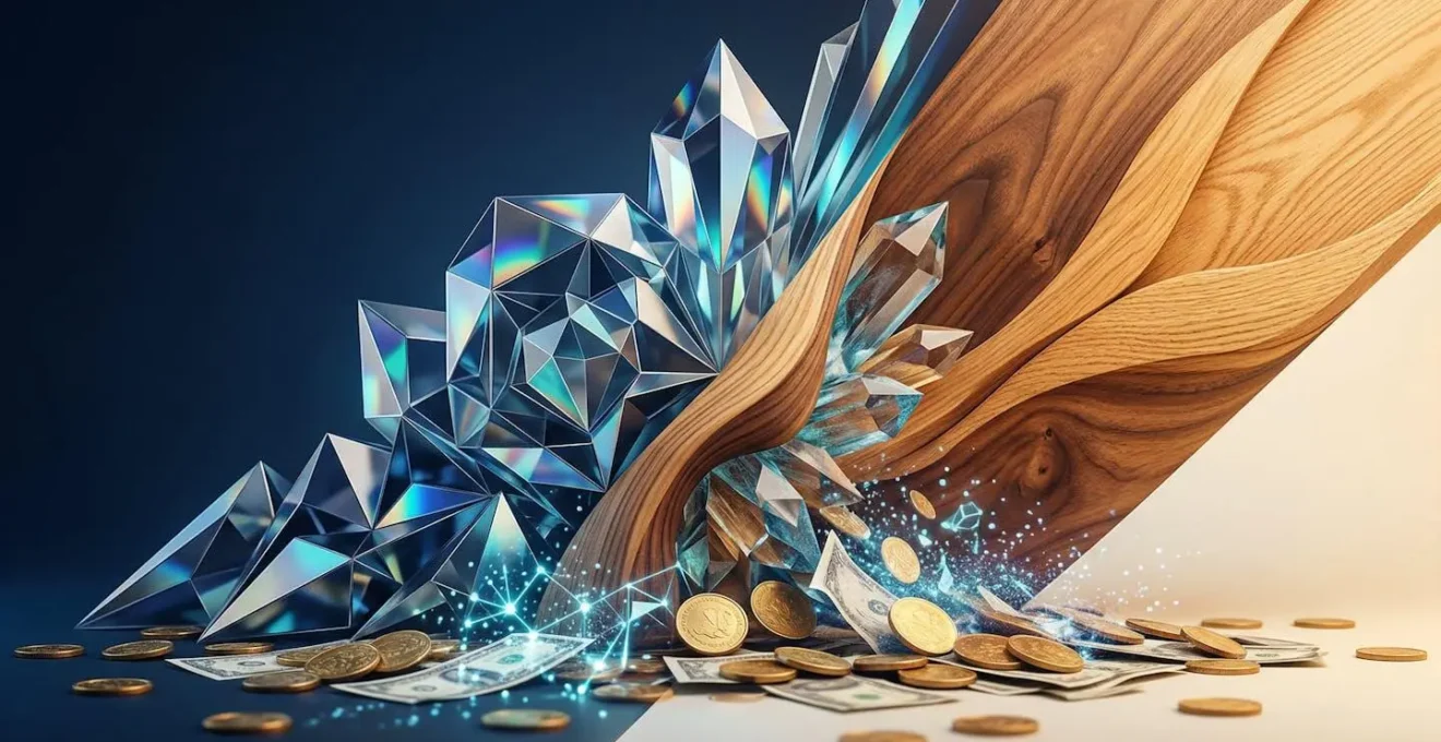 Composizione astratta che mostra una rete di linee luminose digitali che si intrecciano con forme organiche umane per rappresentare la scelta tra tecnologia e tradizione nella gestione del risparmio