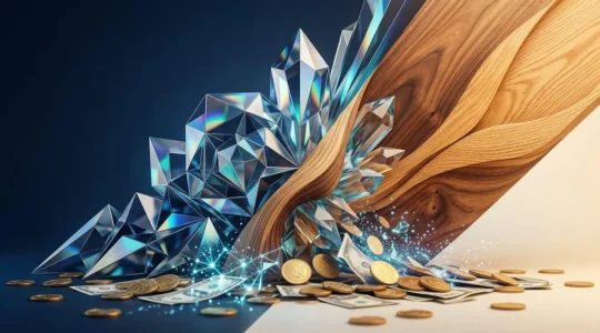 Composizione astratta che mostra una rete di linee luminose digitali che si intrecciano con forme organiche umane per rappresentare la scelta tra tecnologia e tradizione nella gestione del risparmio