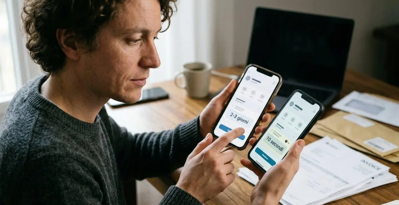 Persona che confronta due schermate di telefono mostrando opzioni di bonifico, con indicazioni temporali e costi