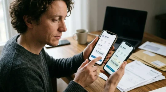 Persona che confronta due schermate di telefono mostrando opzioni di bonifico, con indicazioni temporali e costi