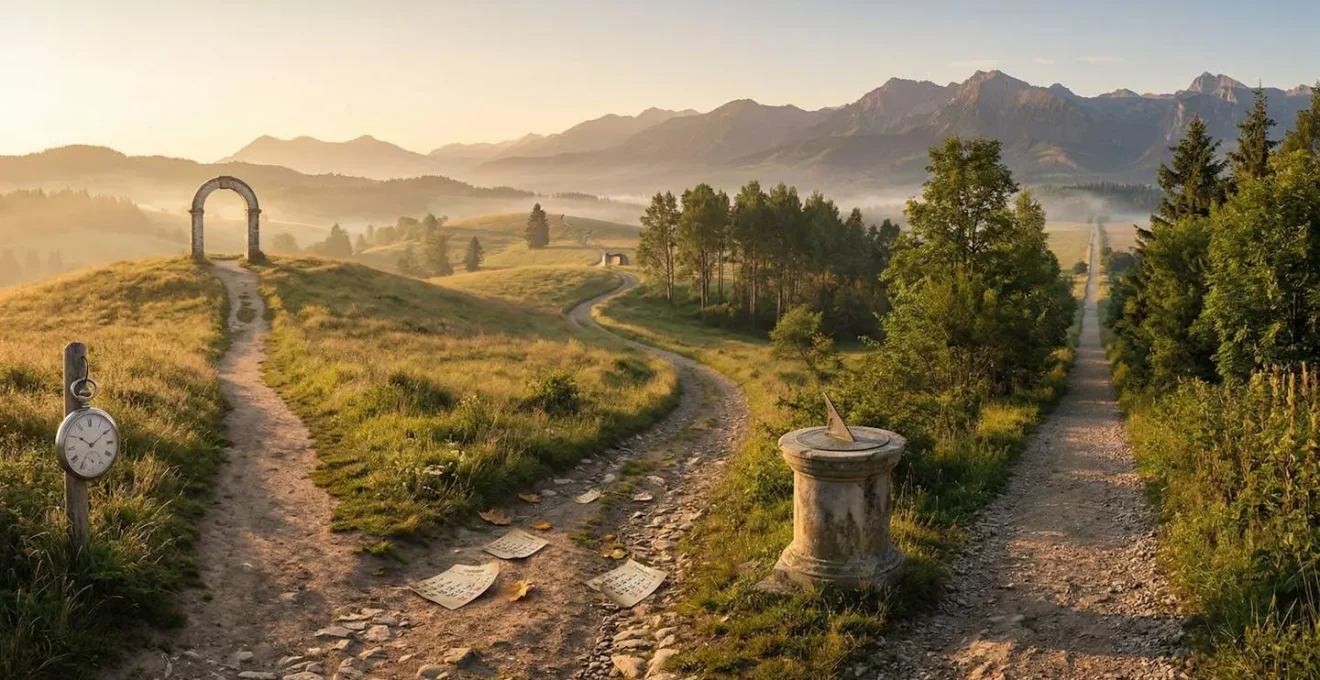 Tre percorsi temporali di investimento rappresentati da sentieri divergenti con diversi orizzonti finanziari