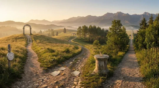 Tre percorsi temporali di investimento rappresentati da sentieri divergenti con diversi orizzonti finanziari