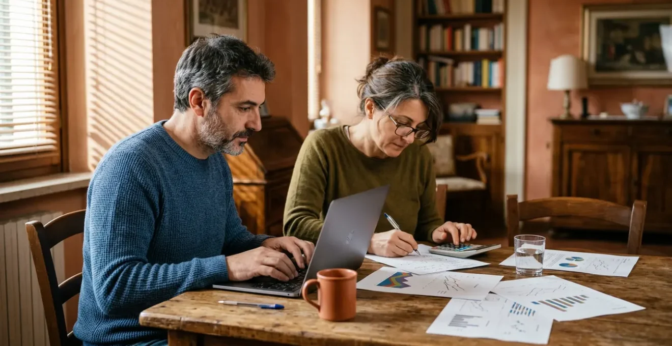 Coppia italiana che analizza documenti finanziari con calcolatrice e laptop su tavolo di legno