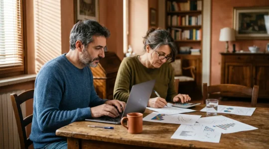Coppia italiana che analizza documenti finanziari con calcolatrice e laptop su tavolo di legno