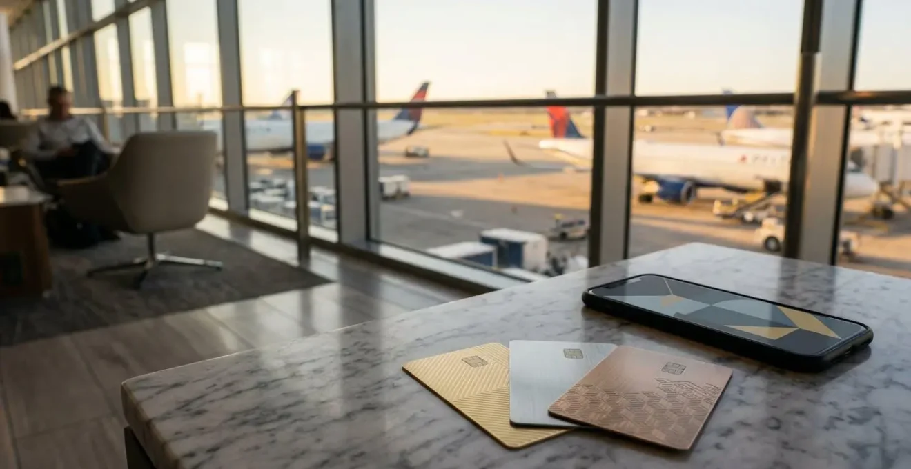 Carte di pagamento digitali e dispositivi mobili su tavolo in aeroporto con vista panoramica