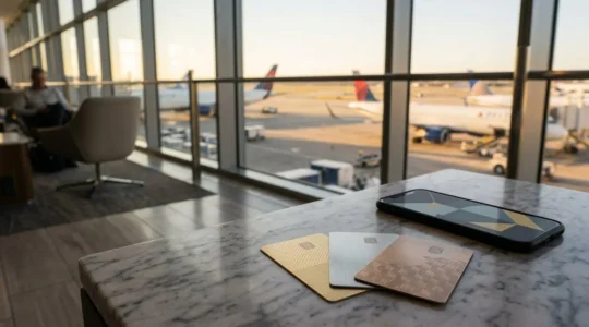 Carte di pagamento digitali e dispositivi mobili su tavolo in aeroporto con vista panoramica