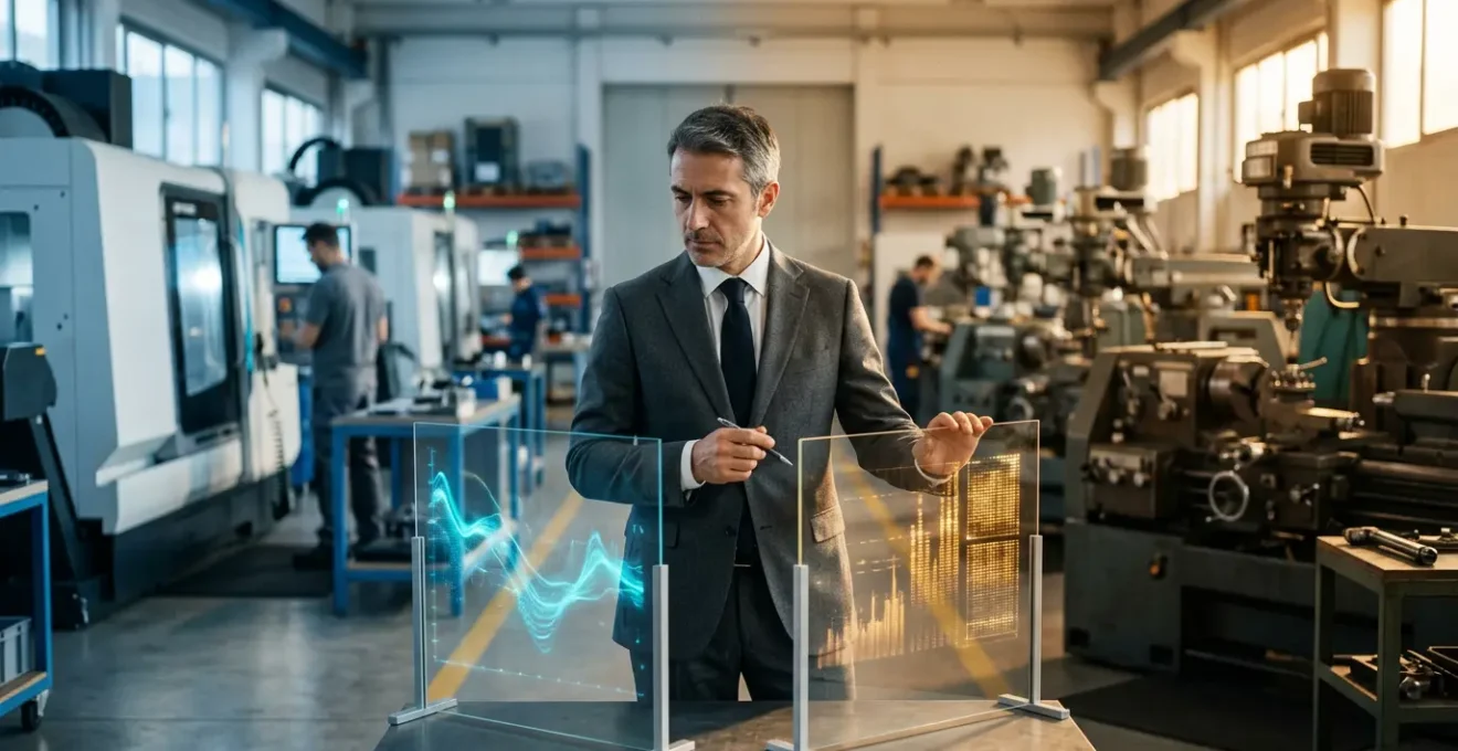 Imprenditore che esamina documenti finanziari con macchinari industriali sullo sfondo