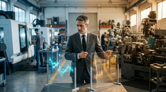 Imprenditore che esamina documenti finanziari con macchinari industriali sullo sfondo