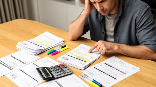 Persona che analizza estratti conto bancari con calcolatrice e evidenziatori su scrivania