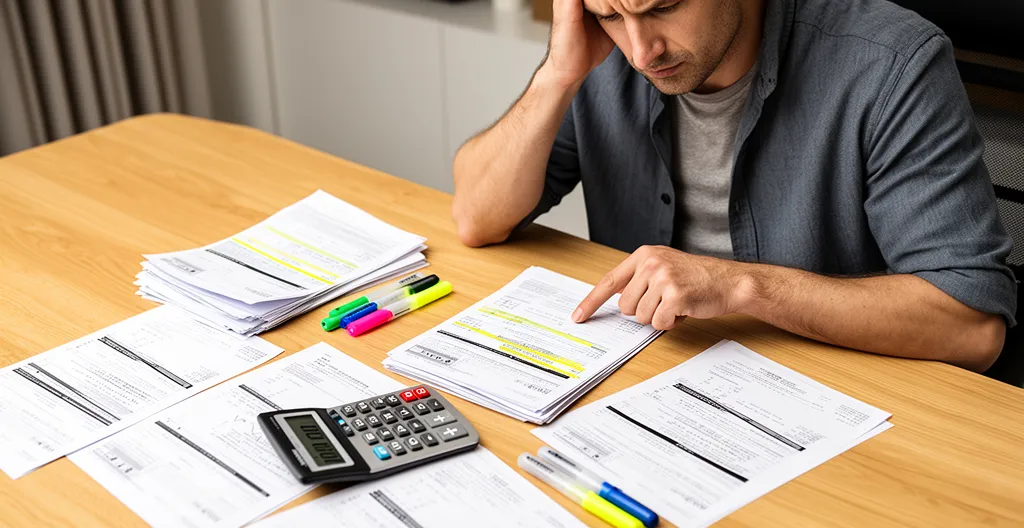Persona che analizza estratti conto bancari con calcolatrice e evidenziatori su scrivania