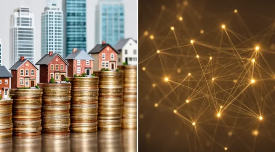Investitore analizza opportunità di crowdfunding immobiliare e P2P lending su piattaforma digitale con grafici di rendimento