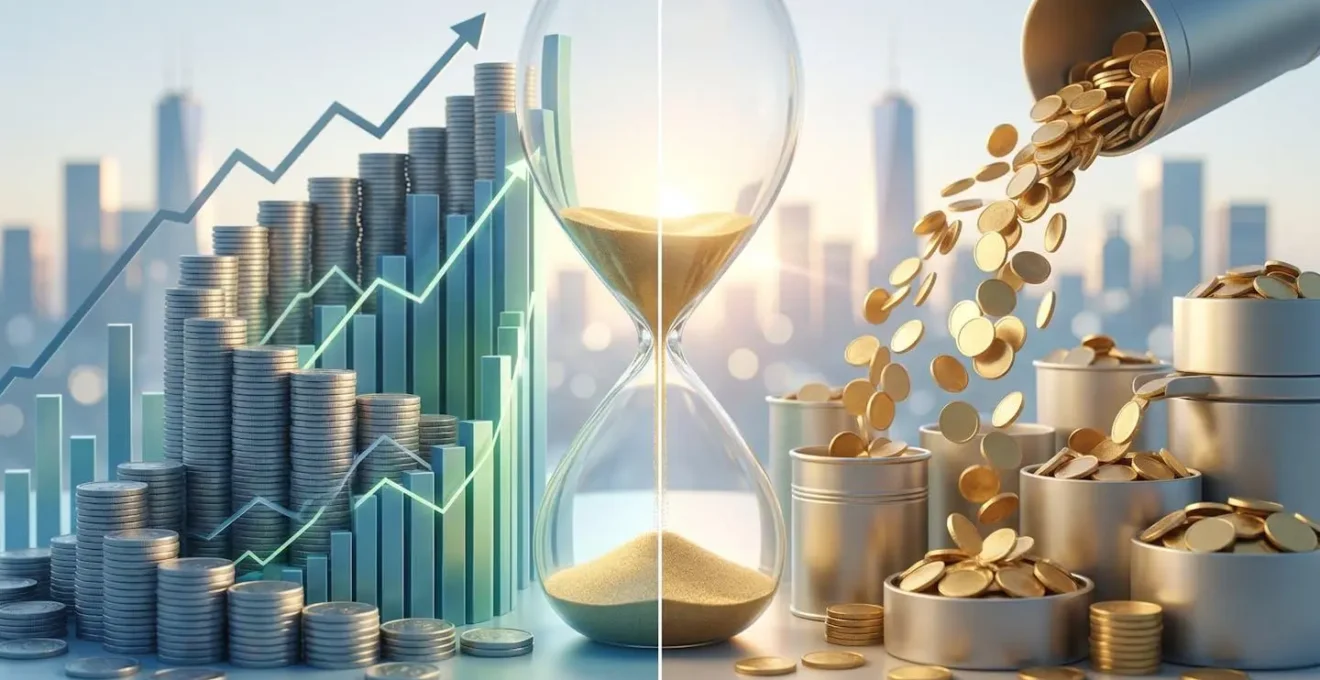 Composizione finanziaria con grafici di crescita e monete che rappresentano ETF ad accumulazione e distribuzione