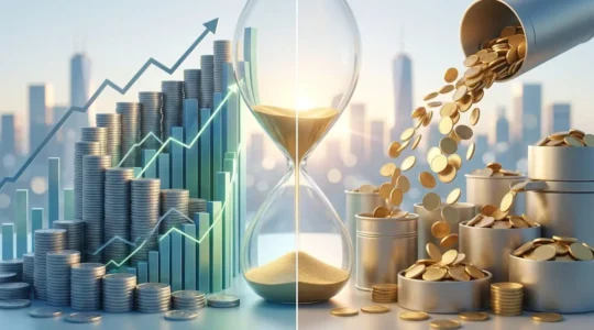 Composizione finanziaria con grafici di crescita e monete che rappresentano ETF ad accumulazione e distribuzione