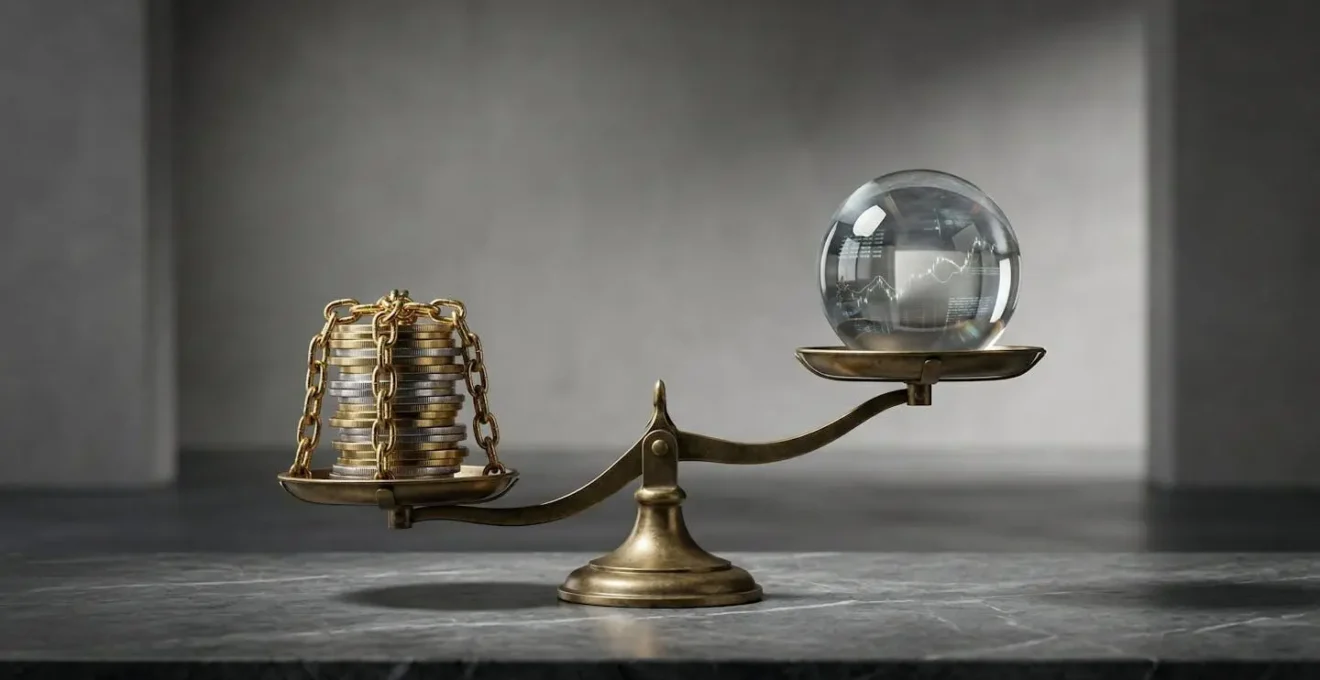 Confronto visivo tra fondo attivo costoso e ETF passivo economico con bilancia simbolica