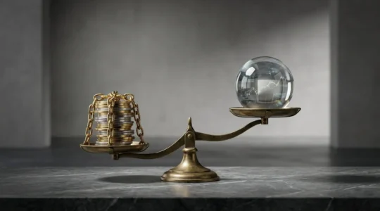 Confronto visivo tra fondo attivo costoso e ETF passivo economico con bilancia simbolica