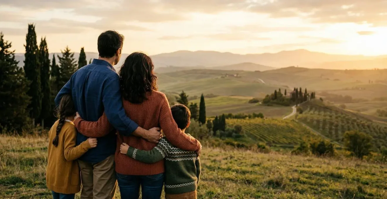 Famiglia italiana riunita guardando verso un futuro luminoso con serenità e sicurezza finanziaria