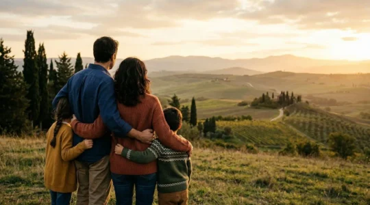Famiglia italiana riunita guardando verso un futuro luminoso con serenità e sicurezza finanziaria