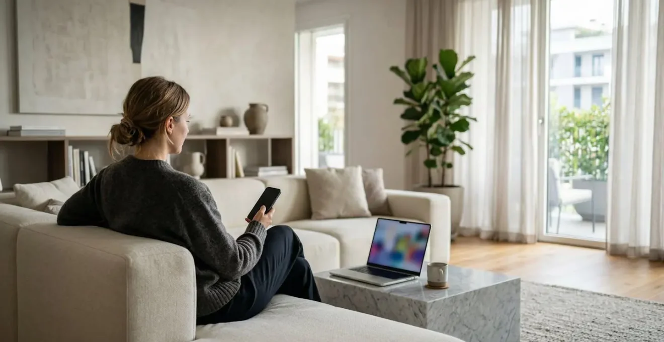 Persona che gestisce le operazioni bancarie online dal salotto di casa in un ambiente italiano moderno