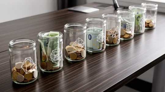 Freelance che gestisce le proprie finanze con salvadanai virtuali e calcolatrice professionale