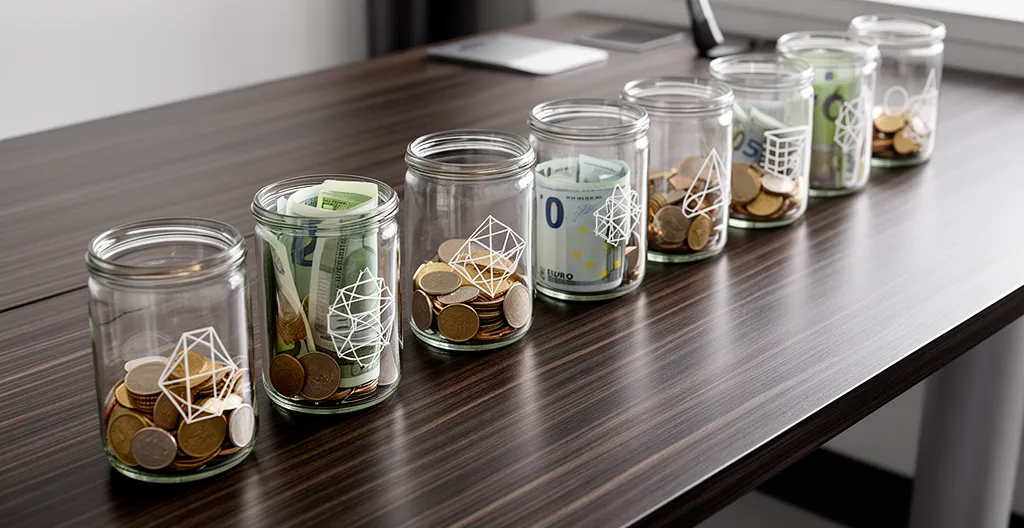 Freelance che gestisce le proprie finanze con salvadanai virtuali e calcolatrice professionale
