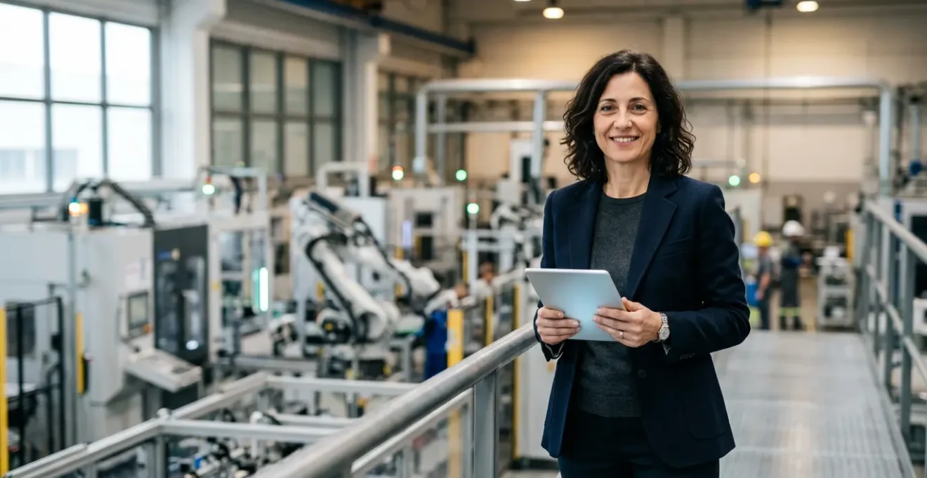 Imprenditore con tablet che controlla macchinari industriali interconnessi in ambiente produttivo digitale