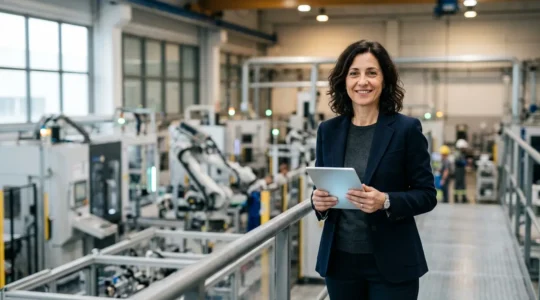 Imprenditore con tablet che controlla macchinari industriali interconnessi in ambiente produttivo digitale