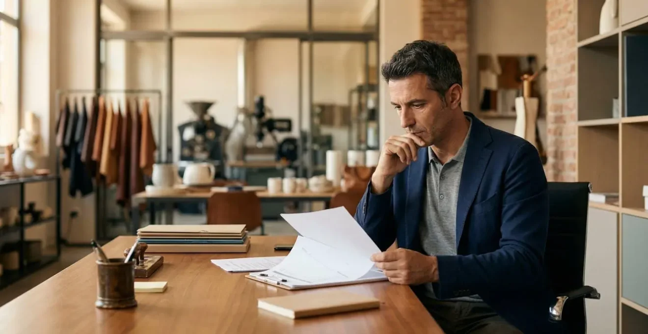 Imprenditore italiano che esamina documenti di investimento in PMI con sfondo di produzione Made in Italy