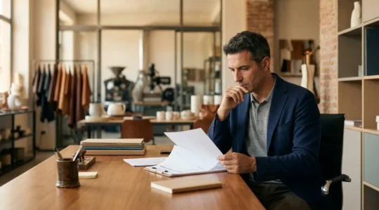 Imprenditore italiano che esamina documenti di investimento in PMI con sfondo di produzione Made in Italy