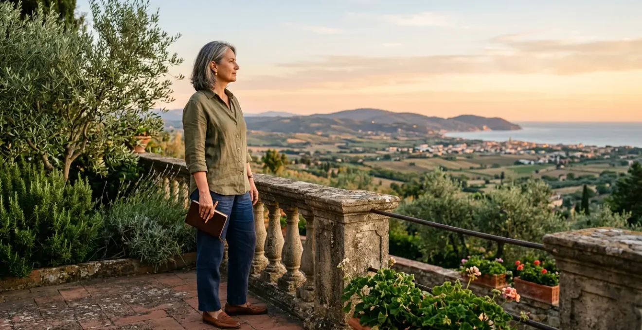 Vista panoramica di un adulto di mezza età che osserva l'orizzonte dal balcone di un appartamento italiano al tramonto, circondato da piante mediterranee