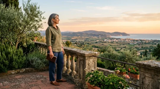 Vista panoramica di un adulto di mezza età che osserva l'orizzonte dal balcone di un appartamento italiano al tramonto, circondato da piante mediterranee