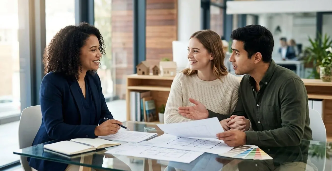 Consulente bancario esamina documenti di mutuo con coppia in ufficio luminoso