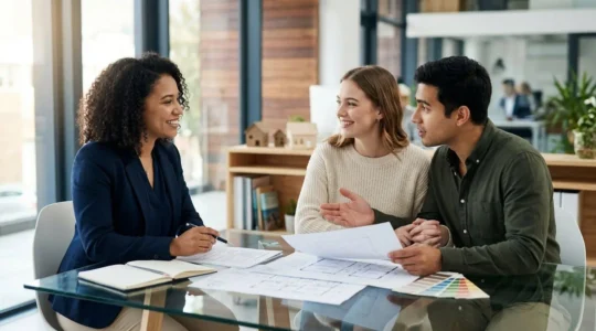 Consulente bancario esamina documenti di mutuo con coppia in ufficio luminoso