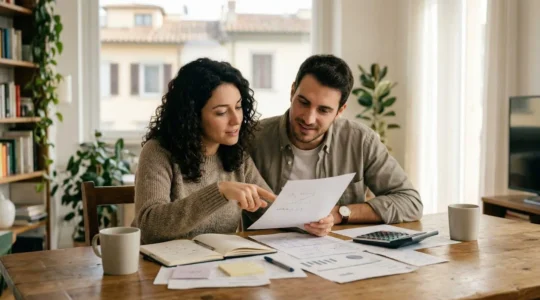 Famiglia italiana valuta opzioni mutuo con documenti finanziari su tavolo di casa