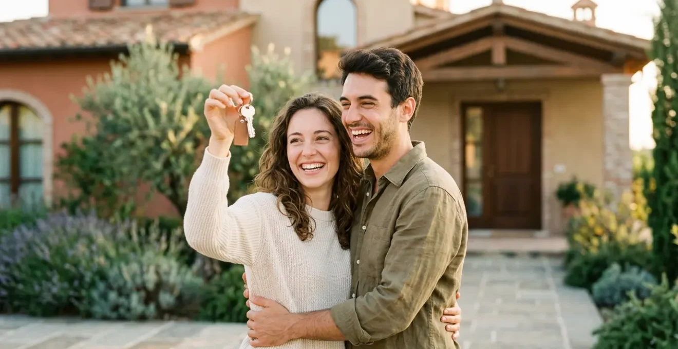Giovane coppia davanti alla loro nuova casa con chiavi in mano, sfondo di casa italiana moderna