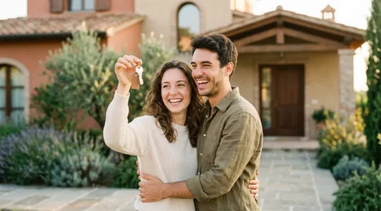 Giovane coppia davanti alla loro nuova casa con chiavi in mano, sfondo di casa italiana moderna
