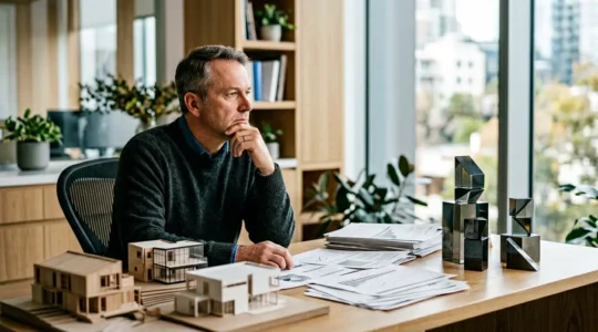 Professionista che valuta documenti finanziari in ufficio moderno con grafici di tassi di interesse