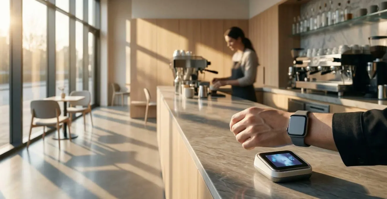 Scena urbana moderna con persone che utilizzano dispositivi mobili per pagare in modo contactless