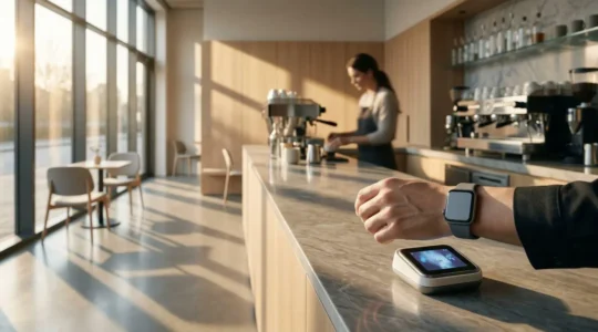 Scena urbana moderna con persone che utilizzano dispositivi mobili per pagare in modo contactless