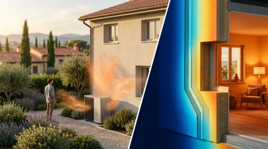 Confronto visivo tra pompa di calore moderna e cappotto termico su casa italiana efficiente