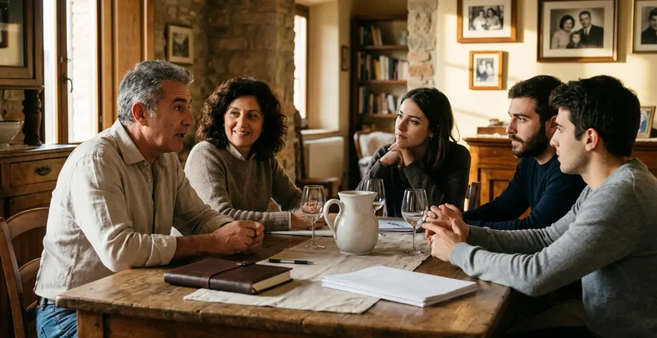 Famiglia italiana che pianifica la protezione del patrimonio in un ambiente domestico sereno