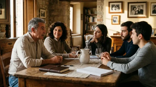 Famiglia italiana che pianifica la protezione del patrimonio in un ambiente domestico sereno