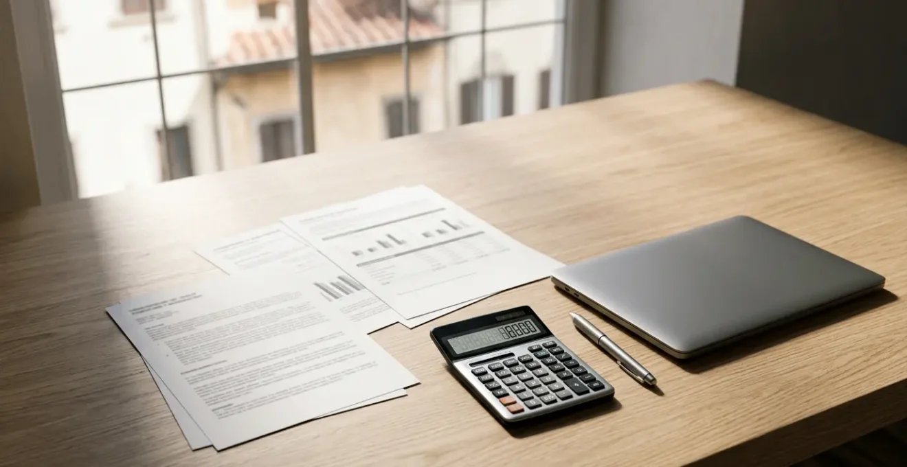 Controllo del merito creditizio con documenti finanziari e calcolatrice
