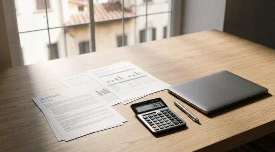 Controllo del merito creditizio con documenti finanziari e calcolatrice