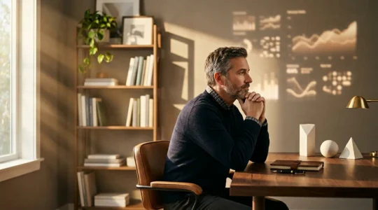 Investitore che riflette sul proprio livello di tolleranza al rischio davanti a grafici finanziari