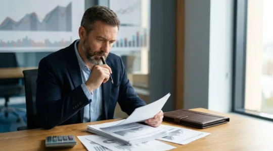 Investitore che compila attentamente un questionario di profilazione con grafici finanziari sullo sfondo