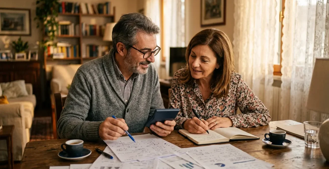 Famiglia italiana che pianifica il budget domestico in salotto