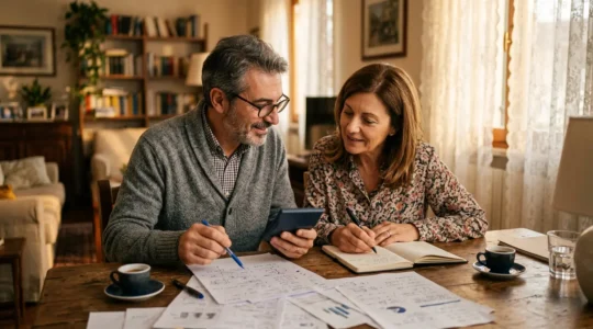 Famiglia italiana che pianifica il budget domestico in salotto