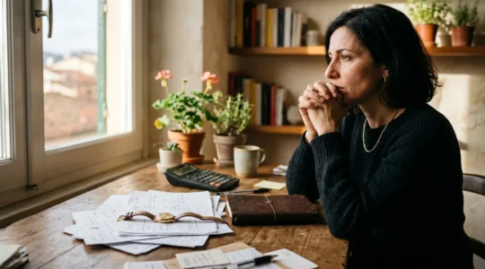 Persona che valuta opzioni finanziarie urgenti con documenti e orologio