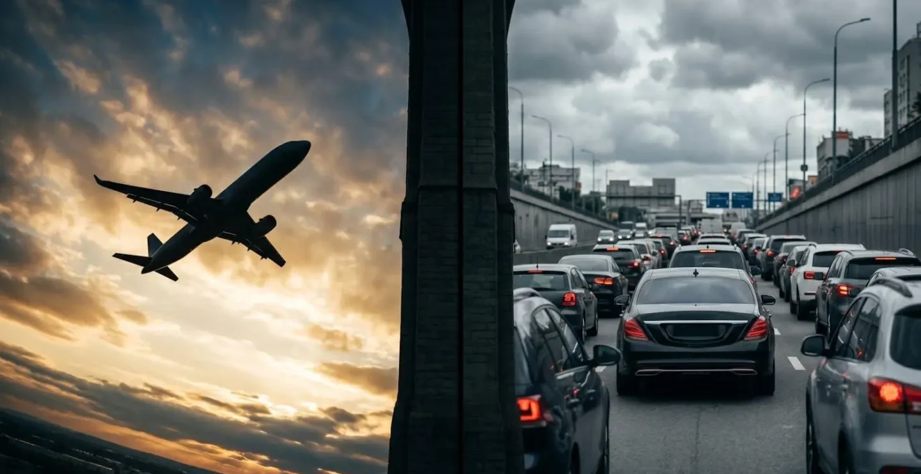 Metafora visiva del rischio percepito tra un aereo che sale sopra le nuvole e un'auto bloccata nel traffico cittadino.