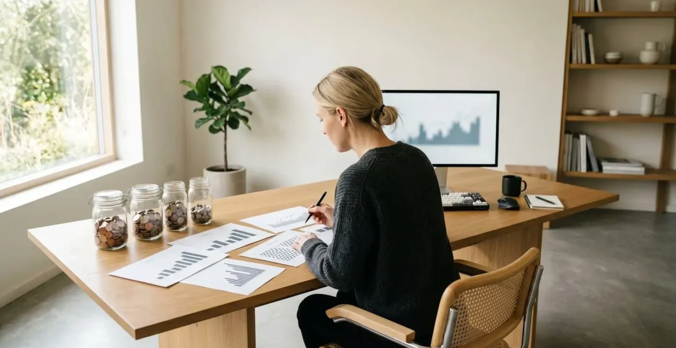 Professionista freelance analizza grafici finanziari con salvadanai trasparenti sulla scrivania